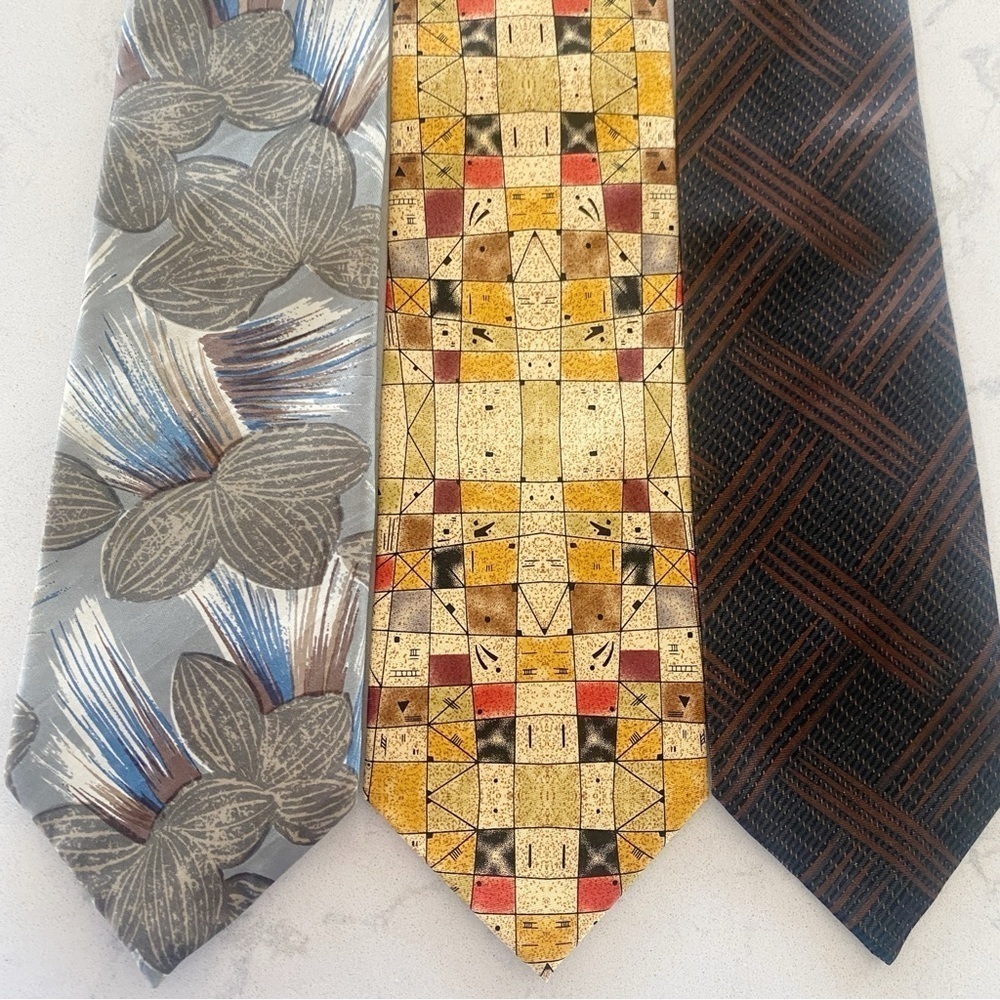 3 Men’s Luxury Silk Ties Valentino de La Renta & Kandinsky Floral Abstract Plaid